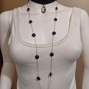 2 piece vintage set Cameo choker & black shiny glass like acrylic bead necklace